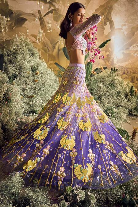 Shop Papa Don't Preach Purple Tulle Pearls, Sequins Celestia Metal Embellished Bridal Lehenga Set Shop_Papa Don't Preach_Purple Tulle Pearls, Sequins Celestia Metal Embellished Bridal Lehenga Set