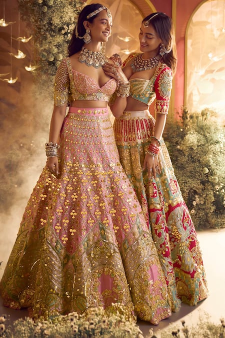 Buy_Papa Don't Preach_Pink Silk, Tulle Crystals, Alice Royal Carriage Embroidered Bridal Lehenga Set _Online_at_Aza_Fashions