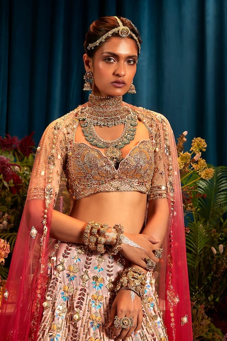Buy_Papa Don't Preach_Red Silk, Organza Pearls, Stones, Metallic Rosetta Raw Bridal Lehenga Set _Online_at_Aza_Fashions