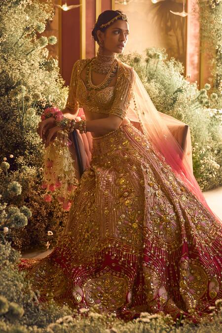 Shop_Papa Don't Preach_Red Silk, Organza Pearls, Stones, Metallic Rosetta Raw Bridal Lehenga Set _Online_at_Aza_Fashions
