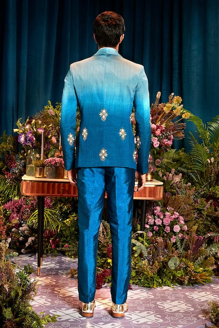 Shop Papa Don't Preach Blue Silk Pearls, Metallic Thread Orion Shaded Embellished Blazer Set at Aza Fashions Shop_Papa Don't Preach_Blue Silk Pearls, Metallic Thread Orion Shaded Embellished Blazer Set _at_Aza_Fashions