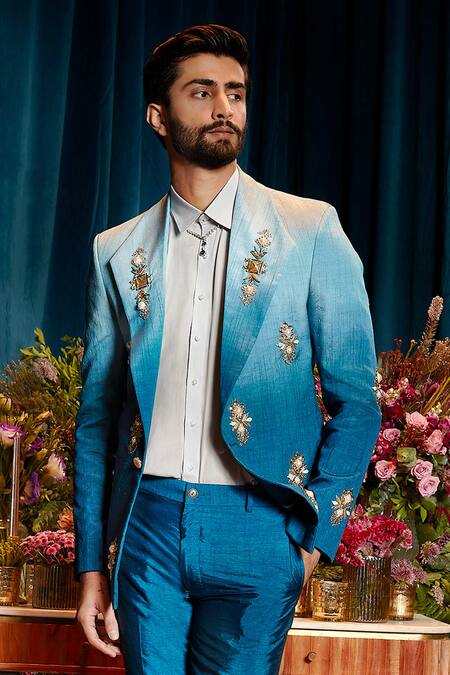 Papa Don't Preach Blue Silk Pearls, Metallic Thread Orion Shaded Embellished Blazer Set Online at Aza Fashions Papa Don't Preach_Blue Silk Pearls, Metallic Thread Orion Shaded Embellished Blazer Set _Online_at_Aza_Fashions