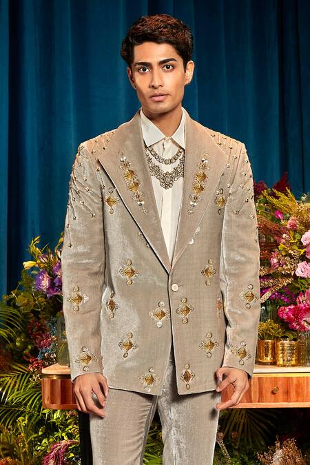 Papa Don't Preach_Grey Silk, Velvet Pearls, Beads, Metallic Thread Leo Embellished Blazer Set _Online_at_Aza_Fashions