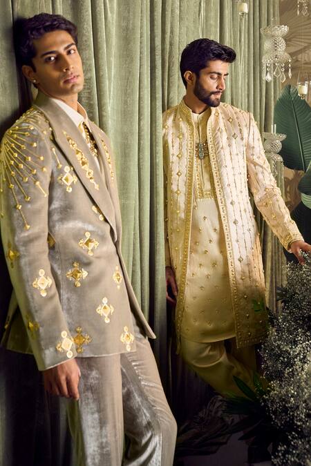 Shop_Papa Don't Preach_Grey Silk, Velvet Pearls, Beads, Metallic Thread Leo Embellished Blazer Set _Online_at_Aza_Fashions