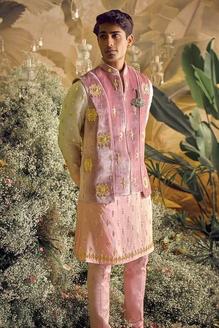 Papa Don't Preach Pink Silk Embellished Metal Hugo Bundi And Kurta Set 