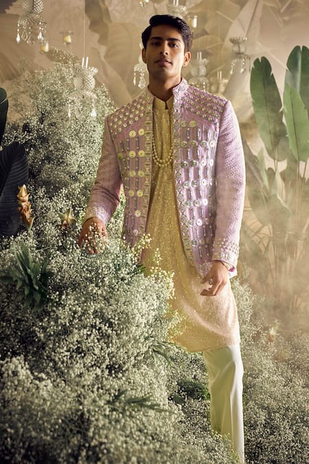 Shop Papa Don't Preach Purple Silk Embroidery, Metallic Thread Beau Embellished Jacket And Kurta Set at Aza Fashions Shop_Papa Don't Preach_Purple Silk Embroidery, Metallic Thread Beau Embellished Jacket And Kurta Set _at_Aza_Fashions