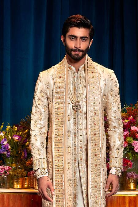 Papa Don't Preach Ivory Silk Sequins Adrian Embellished Sherwani Set Online at Aza Fashions Papa Don't Preach_Ivory Silk Sequins Adrian Embellished Sherwani Set_Online_at_Aza_Fashions