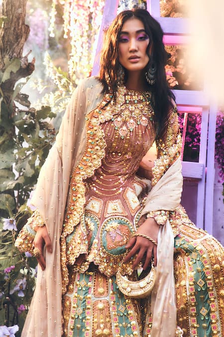 Papa Don't Preach_Brown Tissue, Silk, Organza Applique Embroidered Peplum Kurta Sharara Set _Online_at_Aza_Fashions