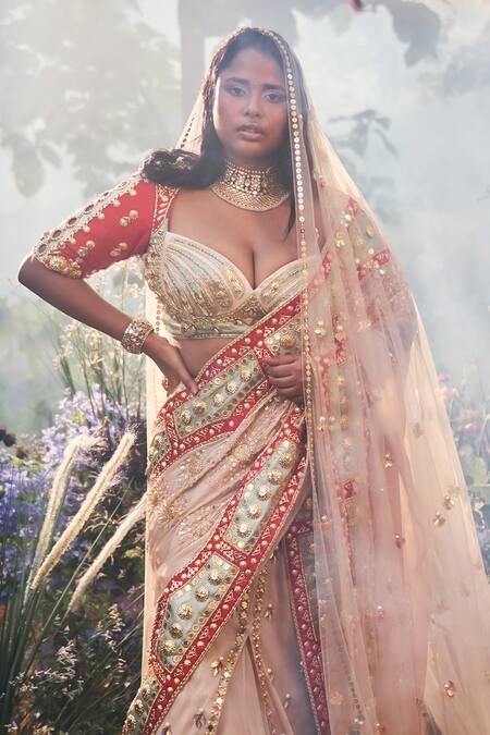Papa Don't Preach_Ivory Tulle, Organza Sequins, Pearls, Applique Embroidered Pre-draped Saree Set _Online_at_Aza_Fashions