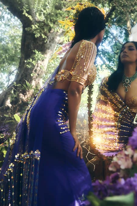 Buy_Papa Don't Preach_Purple Tulle Sequins, Beads, Acrylic Embroidered Pre-draped Saree With Blouse _Online_at_Aza_Fashions