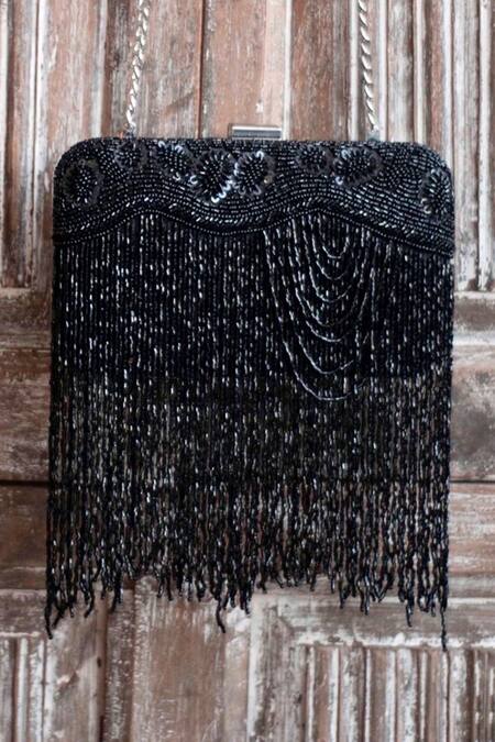 Feza Bags Black Embellished Cutdana Clutch at Aza Fashions Feza Bags_Black Embellished Cutdana Clutch _at_Aza_Fashions