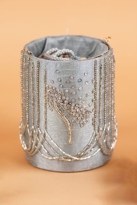Feza Bags_Silver Embroidery Pixi Dust Sequin Potli Bag _Online_at_Aza_Fashions