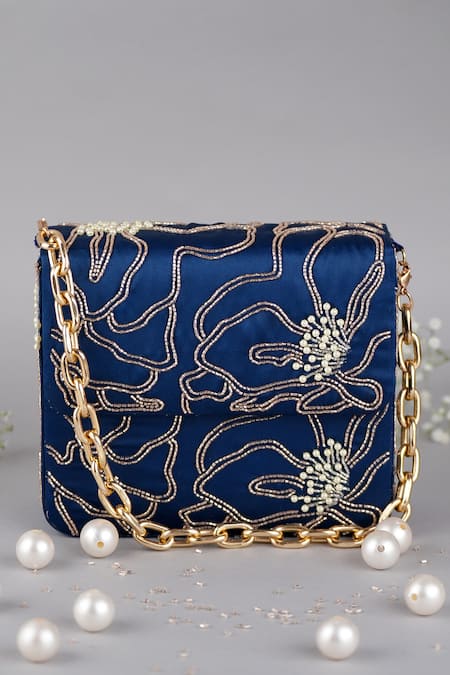 FEZA BAGS Blue Embroidery Floral Clutch