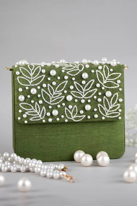 Feza Bags Green Embellished Pearl Clutch Online at Aza Fashions Feza Bags_Green Embellished Pearl Clutch _Online_at_Aza_Fashions