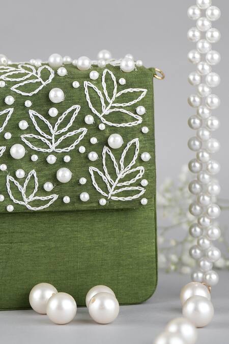 Shop Feza Bags Green Embellished Pearl Clutch Online at Aza Fashions Shop_Feza Bags_Green Embellished Pearl Clutch _Online_at_Aza_Fashions