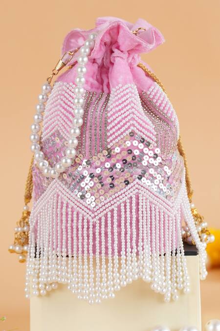 Feza Bags_Pink Embellished Sequin And Pearl Potli Bag _Online_at_Aza_Fashions