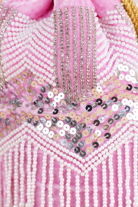 Buy_Feza Bags_Pink Embellished Sequin And Pearl Potli Bag _Online_at_Aza_Fashions