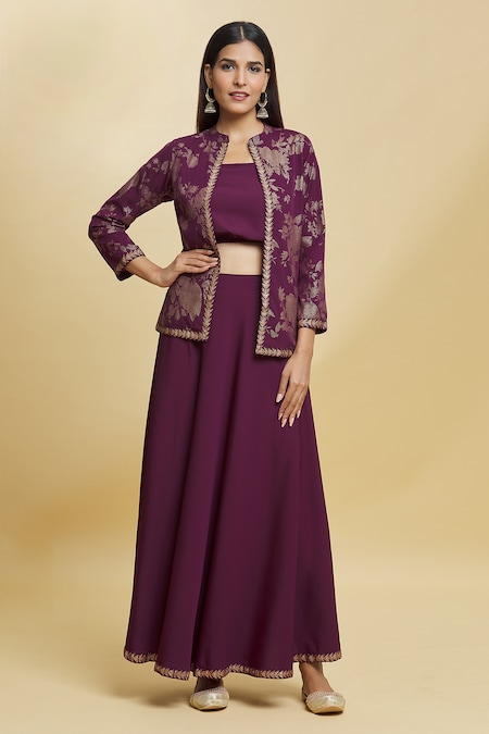 Adara Khan Purple Crepe Woven Floral Square Neck Pattern Jacket Skirt Set