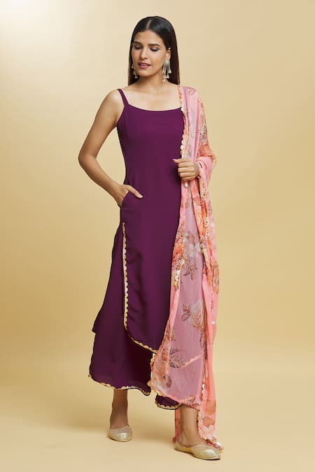 Samyukta Singhania Purple Poly Crepe Printed Dupatta Floral Scoop Neck Kurta And Palazzo Set With 