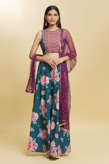 Adara Khan Green Lehenga And Blouse Poly Crepe Print Botanic Bloom Round Neck Set