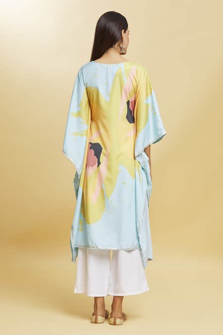Shop Samyukta Singhania Yellow Polyester Gota Patti Round Neck Retro Blossom Print Kurta With Palazzo at Aza Fashions Shop_Samyukta Singhania_Yellow Polyester Gota Patti Round Neck Retro Blossom Print Kurta With Palazzo_at_Aza_Fashions