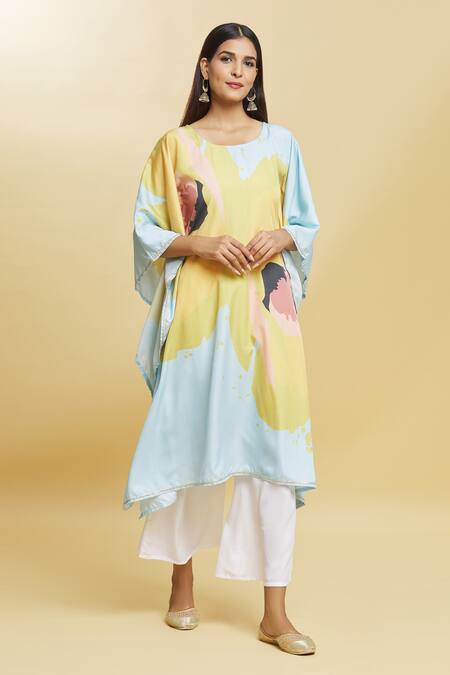 Samyukta Singhania Yellow Polyester Gota Patti Round Neck Retro Blossom Print Kurta With Palazzo Online at Aza Fashions Samyukta Singhania_Yellow Polyester Gota Patti Round Neck Retro Blossom Print Kurta With Palazzo_Online_at_Aza_Fashions