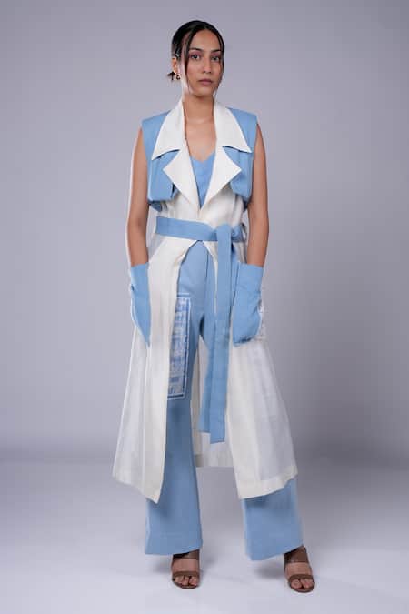 Diksha Khanna Blue Chanderi Overlap Panel Trench Coat 