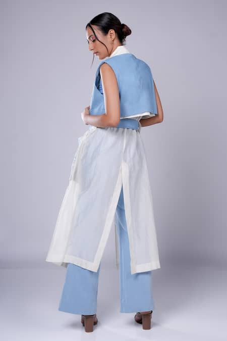 Shop Diksha Khanna Blue Chanderi Overlap Panel Trench Coat at Aza Fashions Shop_Diksha Khanna_Blue Chanderi Overlap Panel Trench Coat _at_Aza_Fashions
