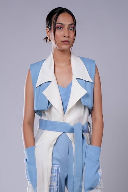 Diksha Khanna Blue Chanderi Overlap Panel Trench Coat Online at Aza Fashions Diksha Khanna_Blue Chanderi Overlap Panel Trench Coat _Online_at_Aza_Fashions