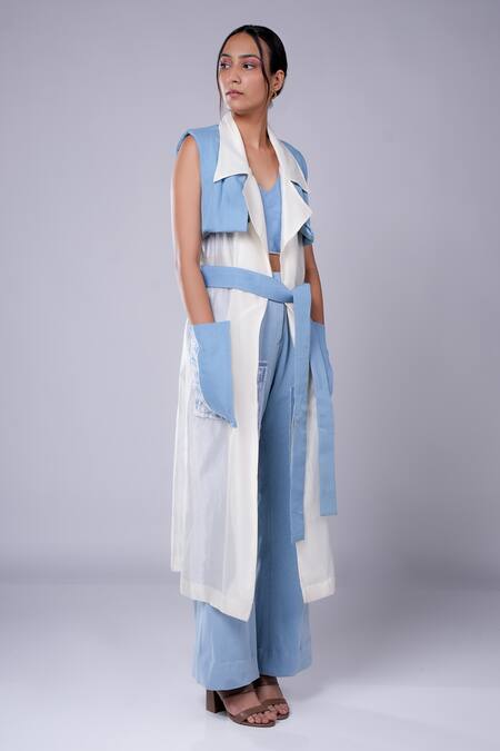 Buy Diksha Khanna Blue Chanderi Overlap Panel Trench Coat Online at Aza Fashions Buy_Diksha Khanna_Blue Chanderi Overlap Panel Trench Coat _Online_at_Aza_Fashions