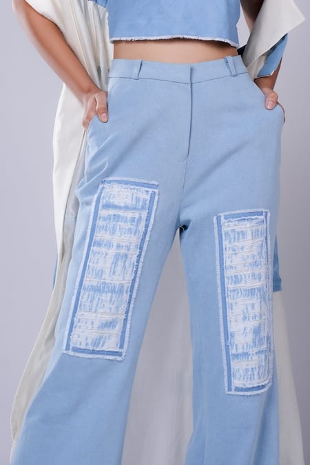 Shop_Diksha Khanna_Blue Denim Patchwork Pant _at_Aza_Fashions