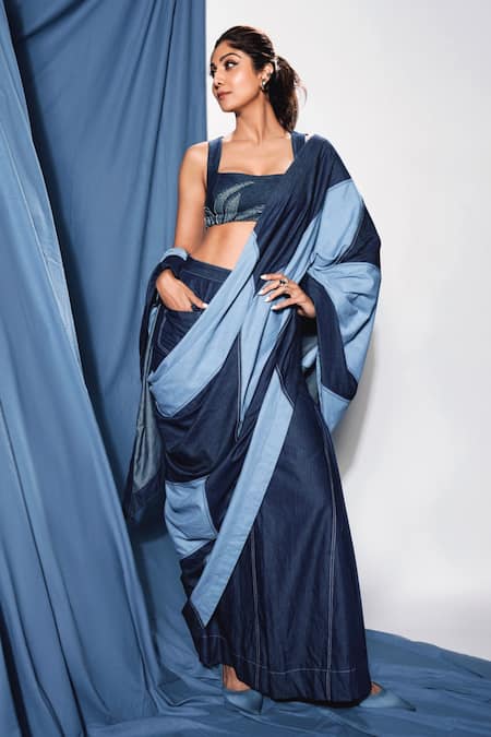 DIKSHA KHANNA Blue Denim Patchwork Square Pre-stitched Saree With Blouse 