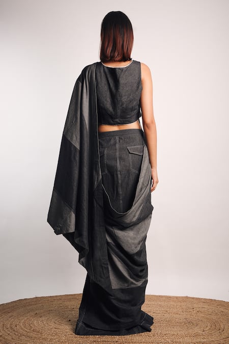 Shop_Diksha Khanna_Grey Denim Square Neck Patchwork Pre-stitched Saree With Blouse _at_Aza_Fashions