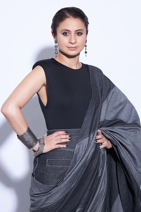 Diksha Khanna_Grey Denim Square Neck Patchwork Pre-stitched Saree With Blouse _Online_at_Aza_Fashions