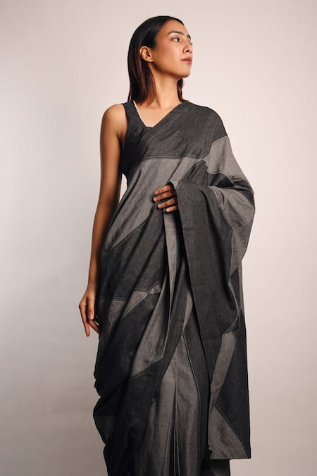 Shop_Diksha Khanna_Grey Denim Square Neck Patchwork Pre-stitched Saree With Blouse _Online_at_Aza_Fashions