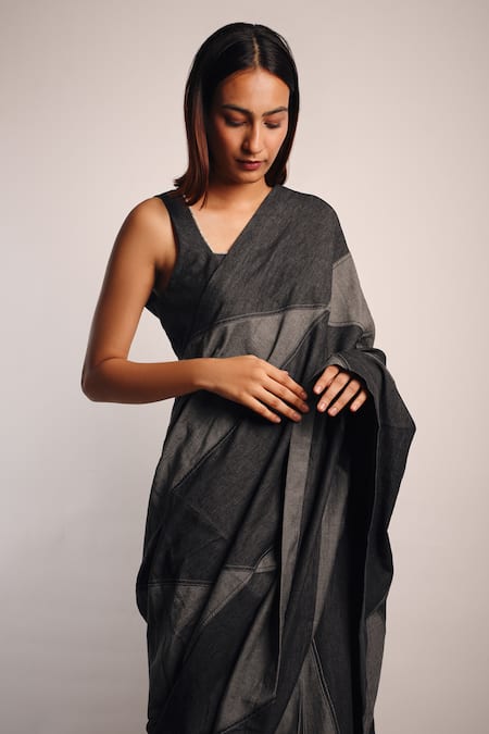 Diksha Khanna_Grey Denim Square Neck Patchwork Pre-stitched Saree With Blouse _at_Aza_Fashions