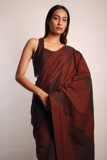 Diksha Khanna_Brown Denim Applique Square Neck Patchwork Panel Pre-stitched Saree With Blouse _Online_at_Aza_Fashions