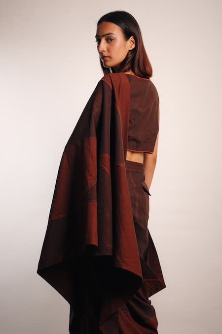 Buy_Diksha Khanna_Brown Denim Applique Square Neck Patchwork Panel Pre-stitched Saree With Blouse _Online_at_Aza_Fashions