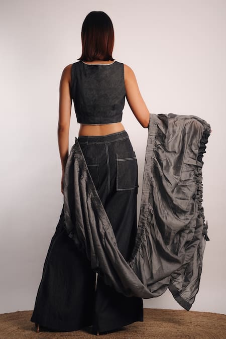 Shop Diksha Khanna Grey Denim, , Organza Patchwork Ruched Pallu Pant Saree With Blouse at Aza Fashions Shop_Diksha Khanna_Grey Denim, , Organza Patchwork Ruched Pallu Pant Saree With Blouse _at_Aza_Fashions