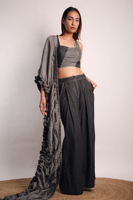 Diksha Khanna Grey Denim, , Organza Patchwork Ruched Pallu Pant Saree With Blouse Online at Aza Fashions Diksha Khanna_Grey Denim, , Organza Patchwork Ruched Pallu Pant Saree With Blouse _Online_at_Aza_Fashions