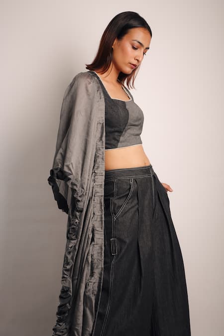 Buy Diksha Khanna Grey Denim, , Organza Patchwork Ruched Pallu Pant Saree With Blouse Online at Aza Fashions Buy_Diksha Khanna_Grey Denim, , Organza Patchwork Ruched Pallu Pant Saree With Blouse _Online_at_Aza_Fashions
