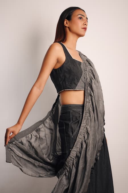 Shop Diksha Khanna Grey Denim, , Organza Patchwork Ruched Pallu Pant Saree With Blouse Online at Aza Fashions Shop_Diksha Khanna_Grey Denim, , Organza Patchwork Ruched Pallu Pant Saree With Blouse _Online_at_Aza_Fashions