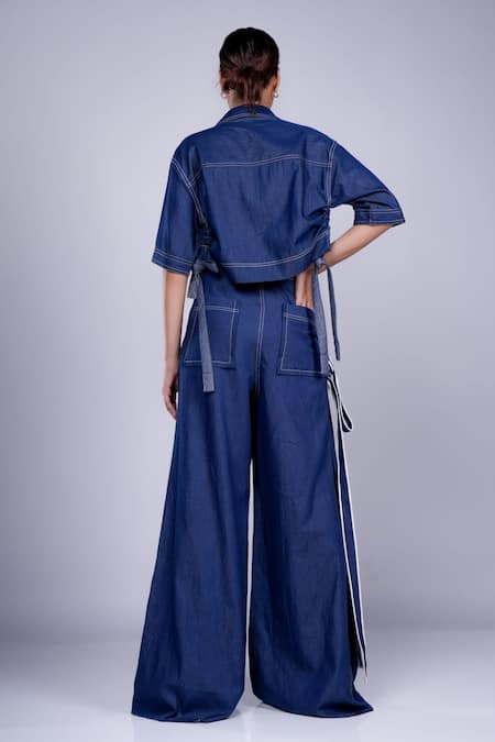 Shop Diksha Khanna Blue Denim Patchwork Shawl Neck Panel Shirt With Pant at Aza Fashions Shop_Diksha Khanna_Blue Denim Patchwork Shawl Neck Panel Shirt With Pant _at_Aza_Fashions