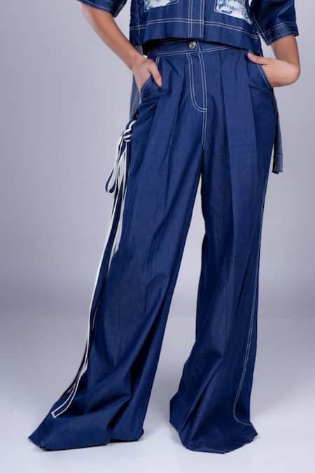 Diksha Khanna Blue Denim Patchwork Shawl Neck Panel Shirt With Pant Online at Aza Fashions Diksha Khanna_Blue Denim Patchwork Shawl Neck Panel Shirt With Pant _Online_at_Aza_Fashions