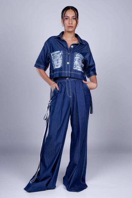 Buy Diksha Khanna Blue Denim Patchwork Shawl Neck Panel Shirt With Pant Online at Aza Fashions Buy_Diksha Khanna_Blue Denim Patchwork Shawl Neck Panel Shirt With Pant _Online_at_Aza_Fashions
