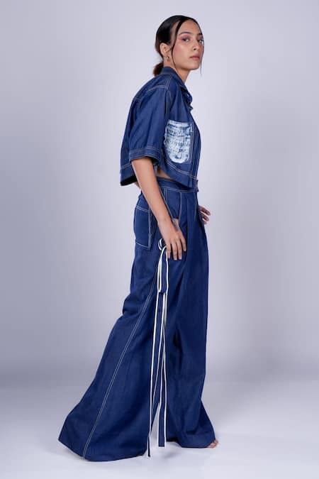 Shop Diksha Khanna Blue Denim Patchwork Shawl Neck Panel Shirt With Pant Online at Aza Fashions Shop_Diksha Khanna_Blue Denim Patchwork Shawl Neck Panel Shirt With Pant _Online_at_Aza_Fashions