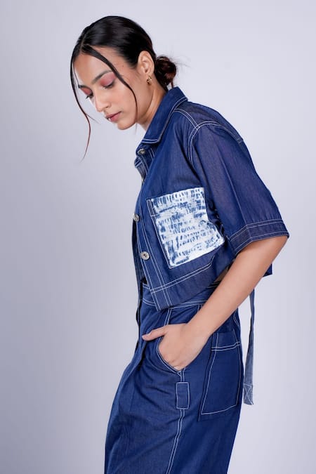 Diksha Khanna Blue Denim Patchwork Shawl Neck Panel Shirt With Pant at Aza Fashions Diksha Khanna_Blue Denim Patchwork Shawl Neck Panel Shirt With Pant _at_Aza_Fashions