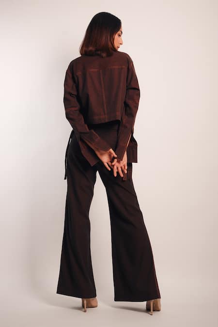 Shop_Diksha Khanna_Brown Denim Patchwork Shawl Neck Ruched Crop Shirt With Pant _at_Aza_Fashions
