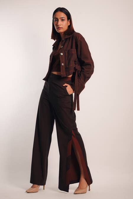 Diksha Khanna_Brown Denim Patchwork Shawl Neck Ruched Crop Shirt With Pant _Online_at_Aza_Fashions