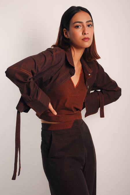 Buy_Diksha Khanna_Brown Denim Patchwork Shawl Neck Ruched Crop Shirt With Pant _Online_at_Aza_Fashions